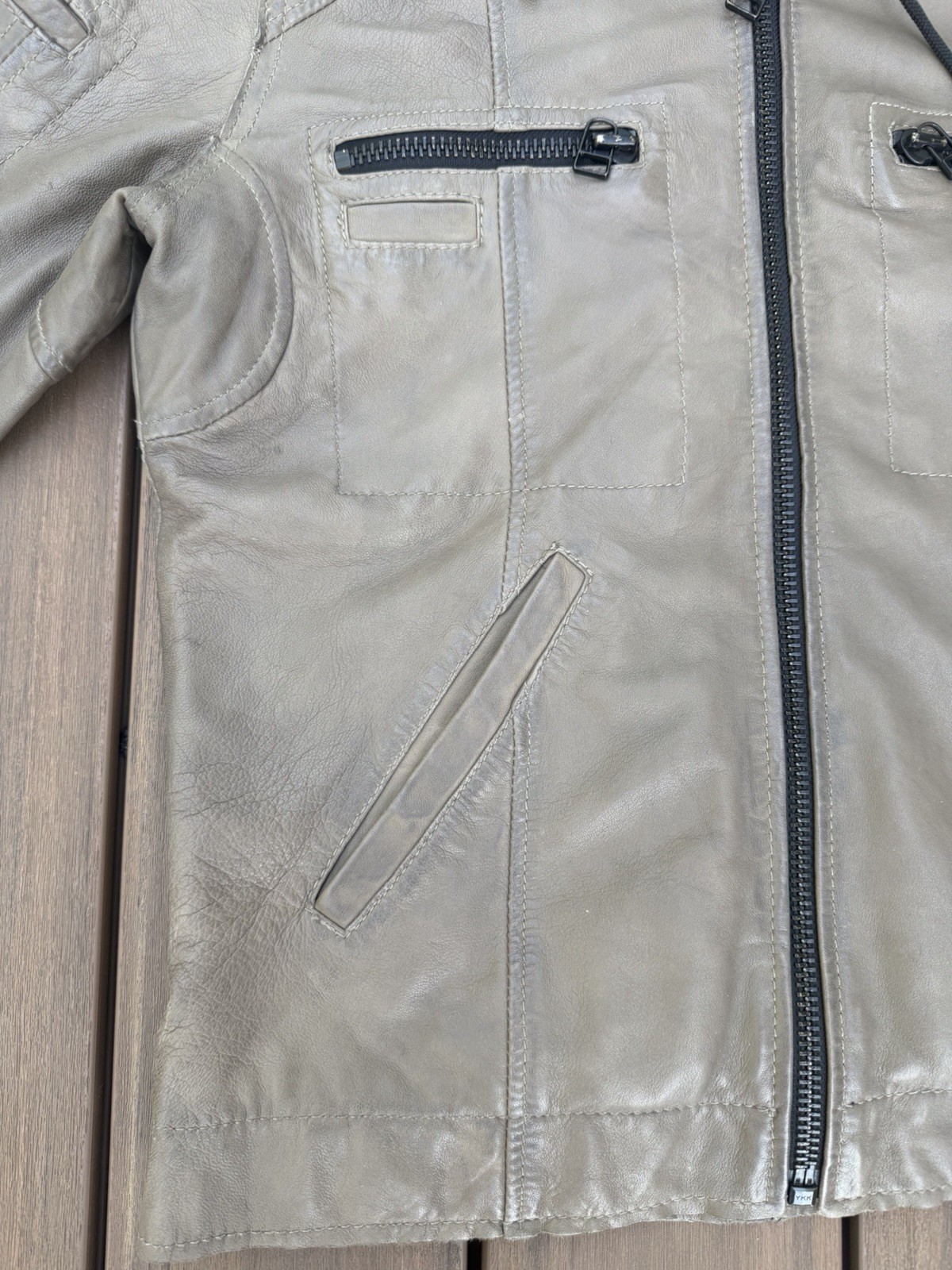 7 Diamonds Men’s Tan Leather Hooded Full Zip Jacket Size M Biker