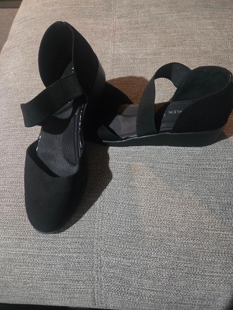 ANNE KLEIN iflex TARA BLACK FABRIC WEDGE MARYJANE ELASTIC STRAP SHOES 9 (2609)