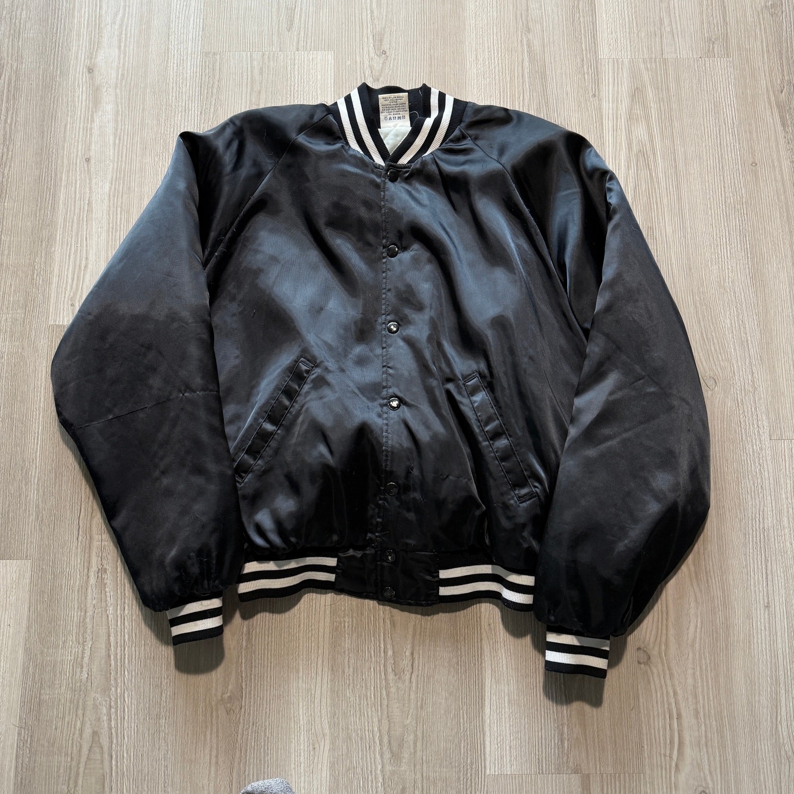 Vintage 90’s Premier Protective Coatings Black Satin Quilted Bomber Jacket Sz L