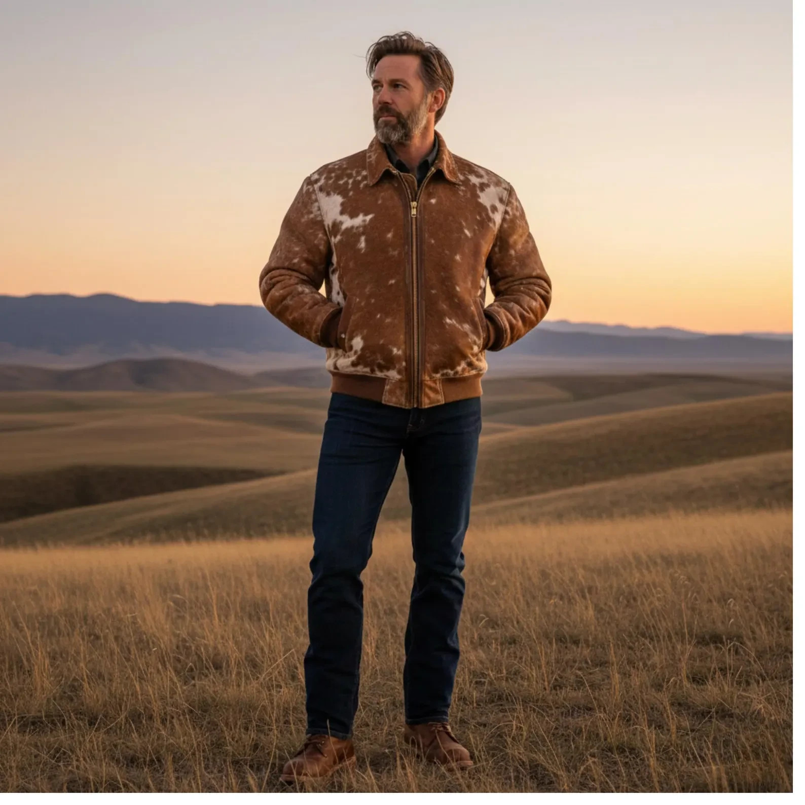 Cowhide Leather Bomber Jacket | Brown & White Hair-On Hide Western Style