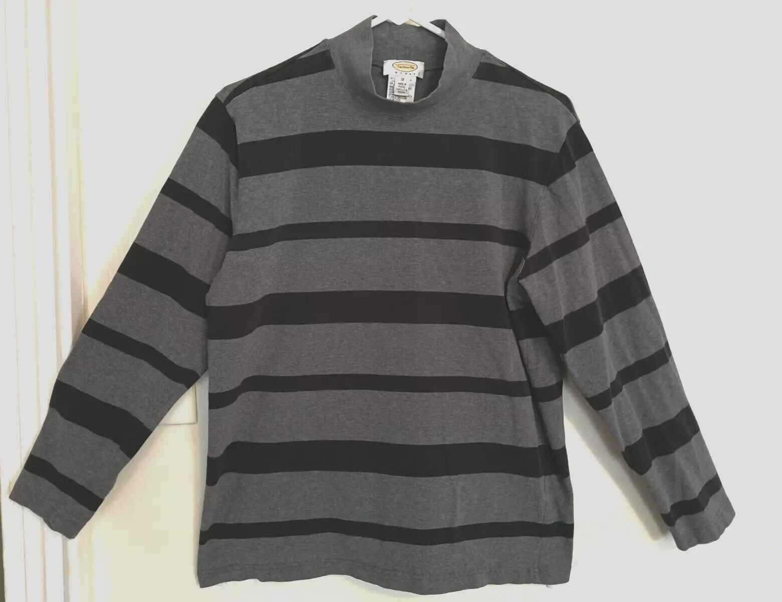Talbots Womens Blouse 1X Plus Black Gray Striped Shirt Top Long Sleeve Office