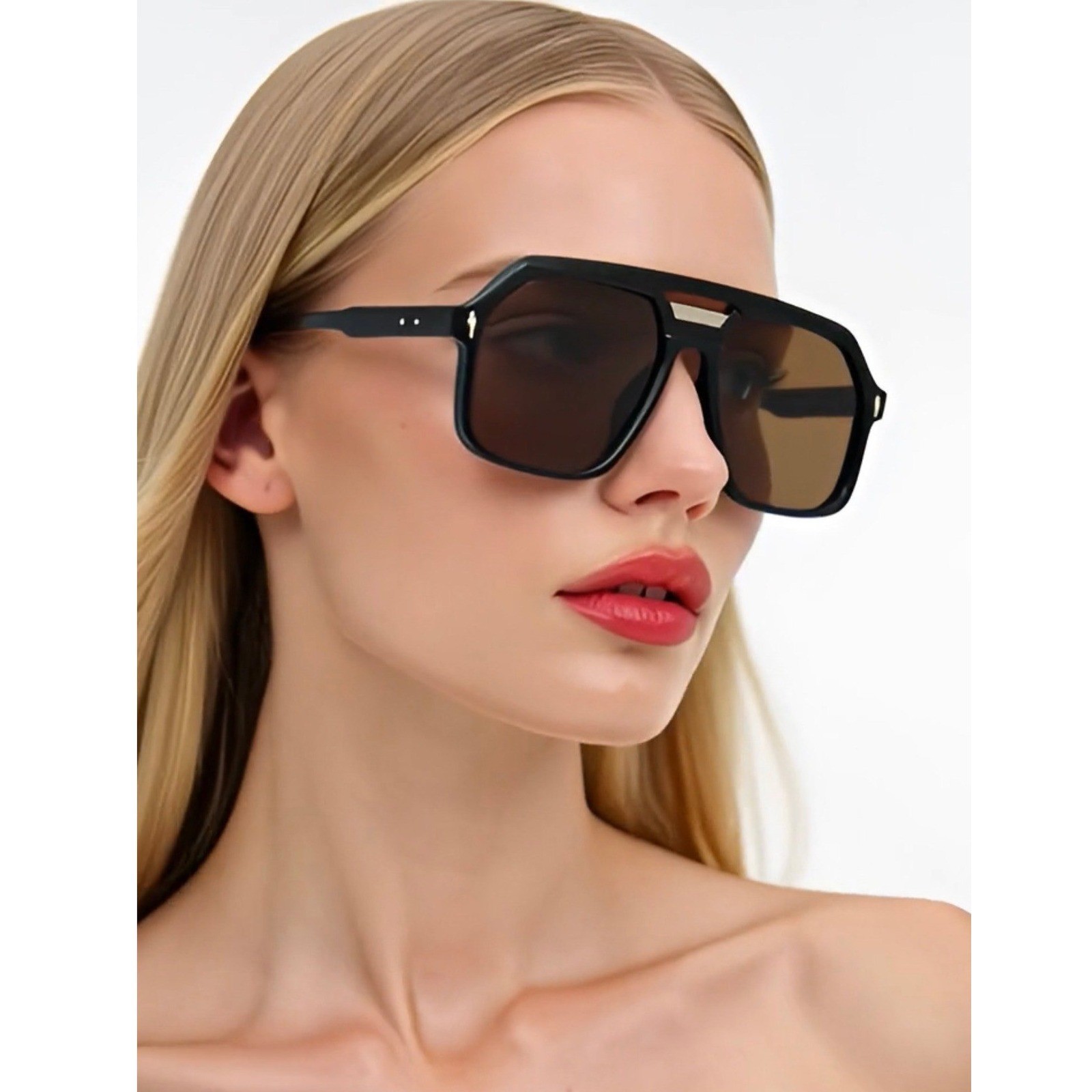 Oversized Flat Top Fancy Sunglasses Black Frame Brown Lens Square Shield 142mm