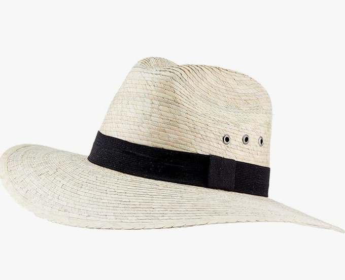 Mexican Palm Leaf Straw Indiana Wide Brim Hat, Light Tan w/Grommets