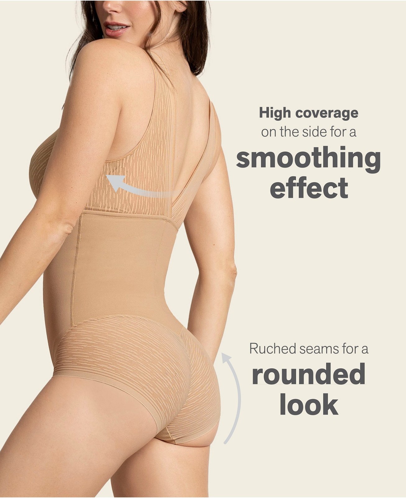 NWT LEONISA Sheer Stripe Detail Sculpting Bodysuit Sz L Golden Beige 018517