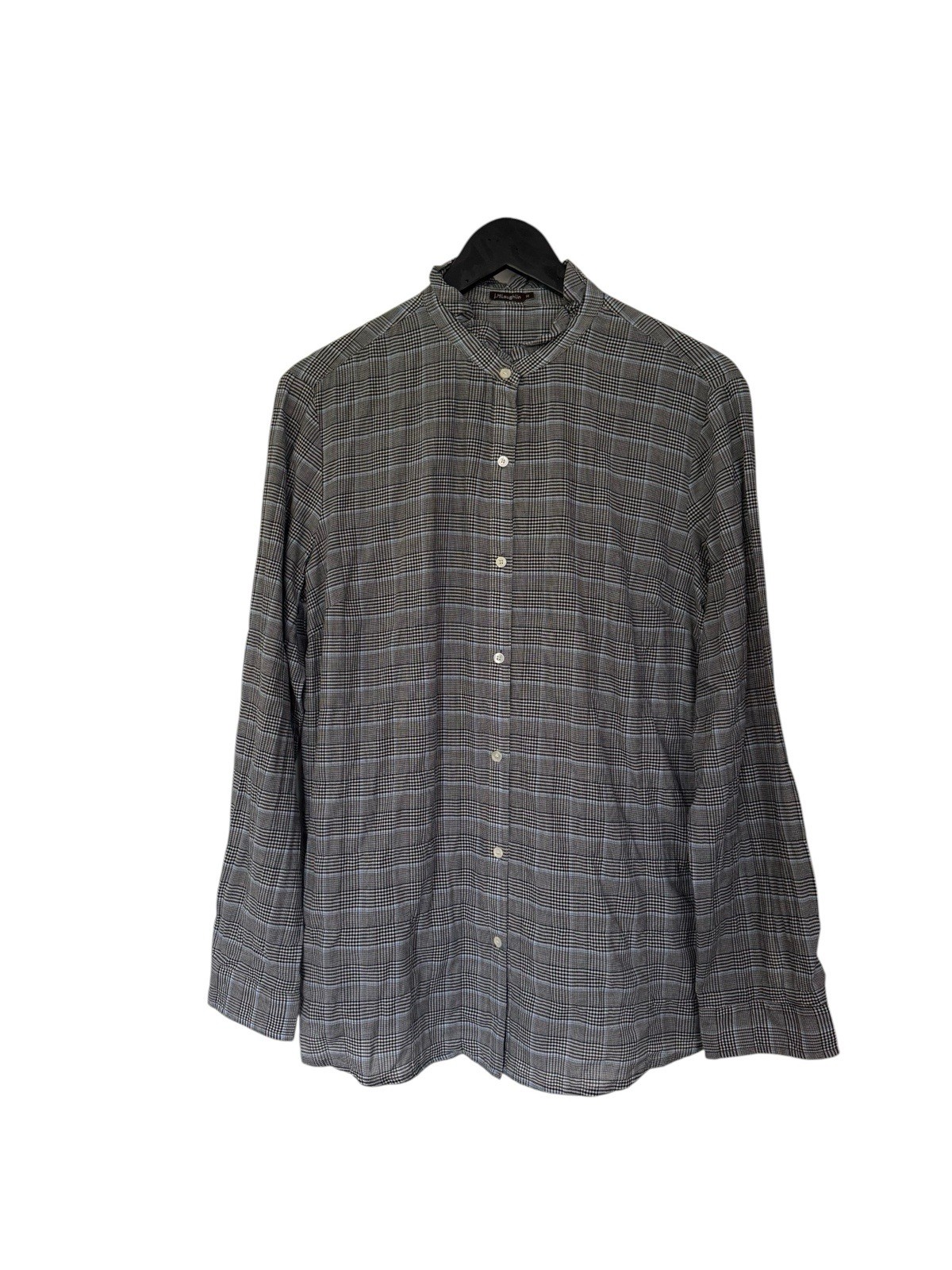 J.McLaughlin Women’s Black/Blue Plaid Long Sleeve Button Up Ruffle Collar Top, M