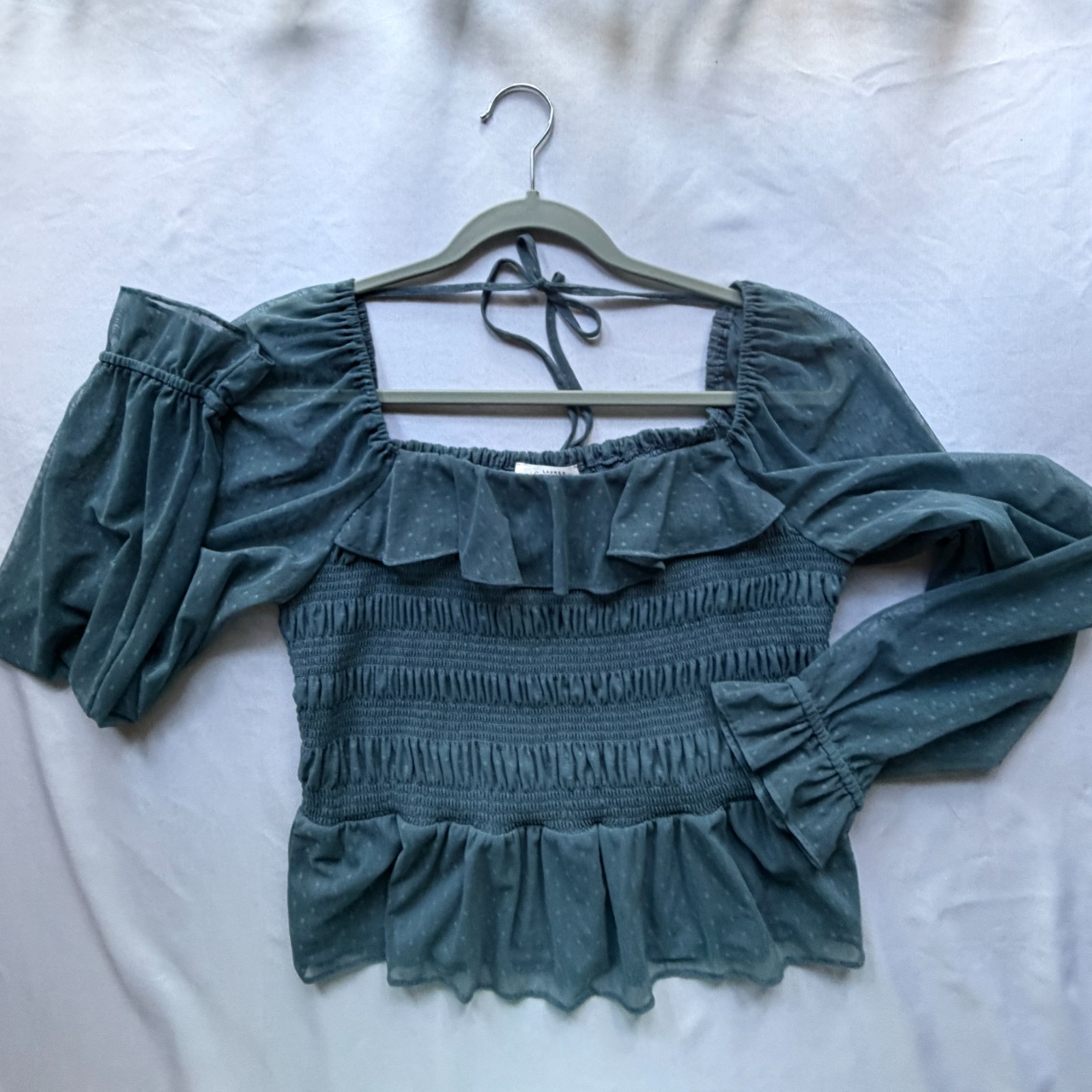 NWOT LC Lauren Conrad BOHO Green BOHO Peasant Smock Ruffle Top Lined Blouse L