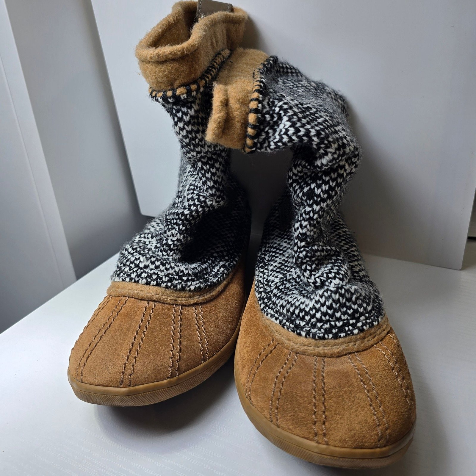 Sorel Tremblant Black/White Knit & Brown Suede Pull-On Slouch Boots