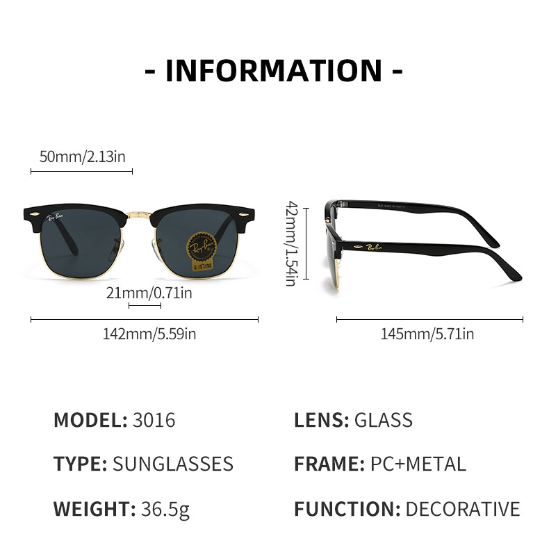 Ray-Ban RB3016 Sunglasses Clubmaster Classic Black Frame Glass Gray Lens 51mm US