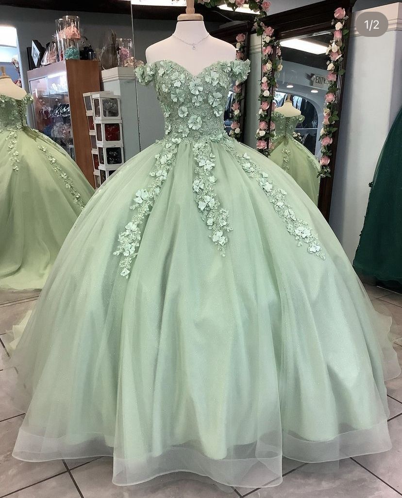 Light Green Quinceanera Dress 3D Flower Off-Shoulder Sweet Ball Gown-