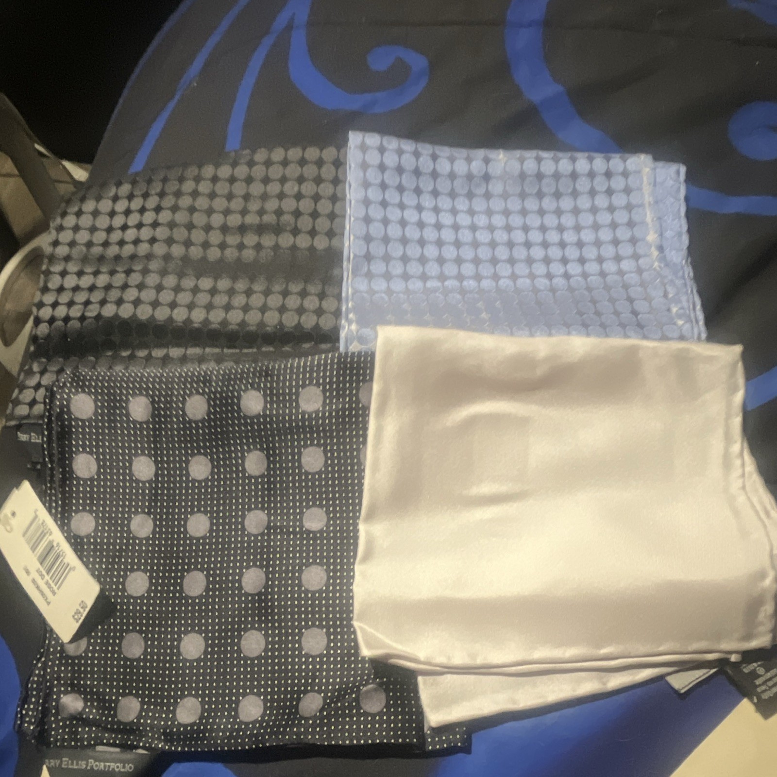 Perry Ellis Portfolio Men’s Silk Satin Pocket Squares Polka Dot White Blue 4pc