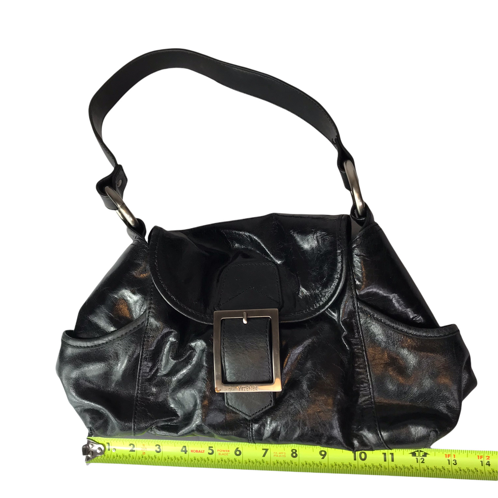 Kenneth Cole Reaction Leather Purse Shoulder Bag Black Silver Buckle Magnetic
