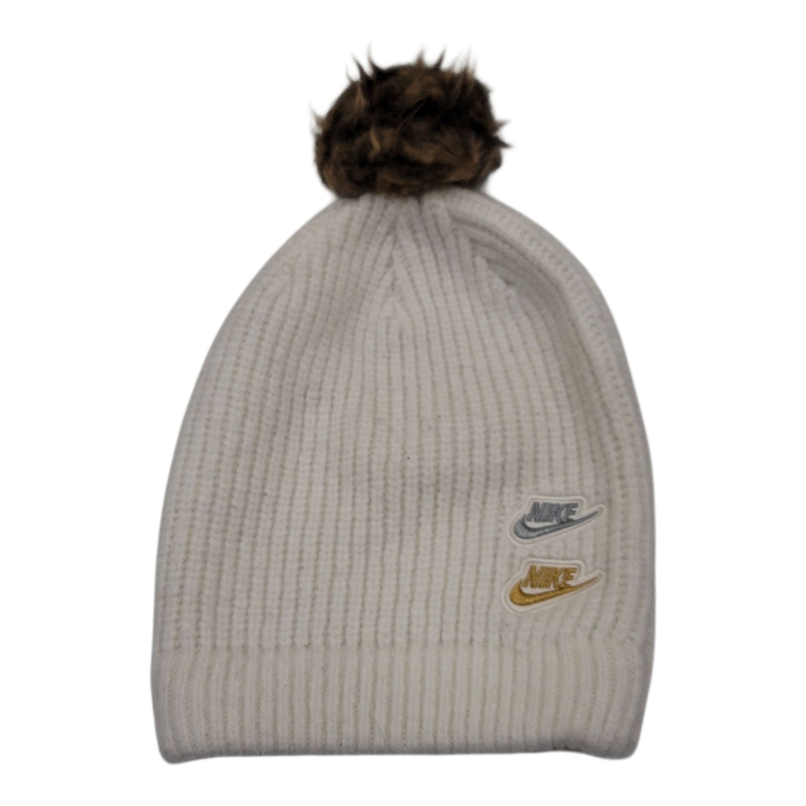 Nike Standard Cuff Pom Beanie Womens White Swoosh Logo One Size
