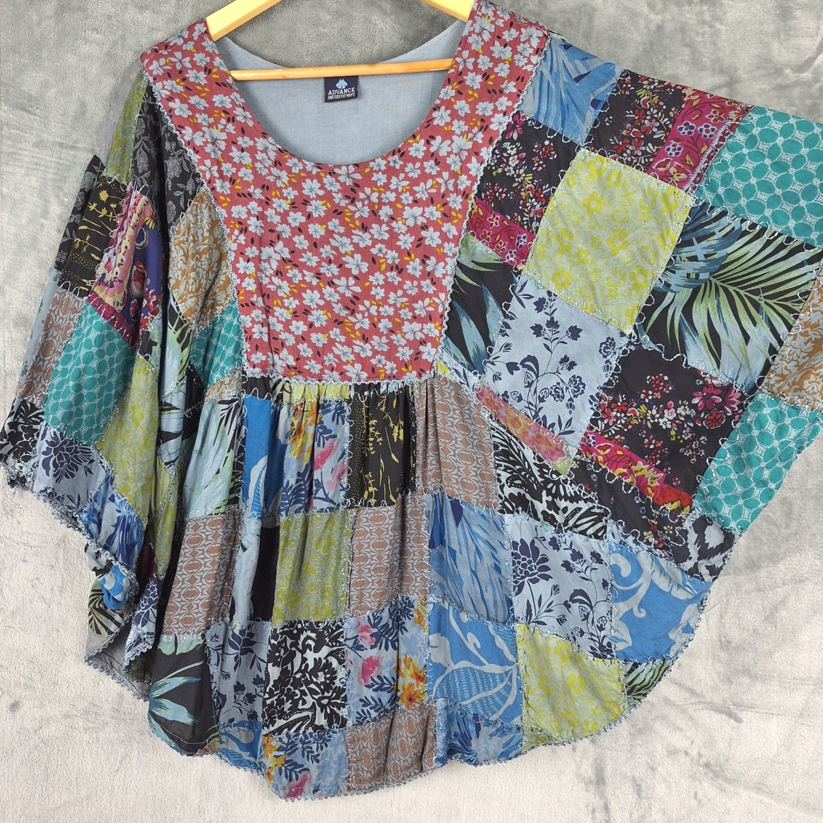 Womens Top One Size Patchwork Floral Boho Poncho Festival Hippie Oversized Artsy