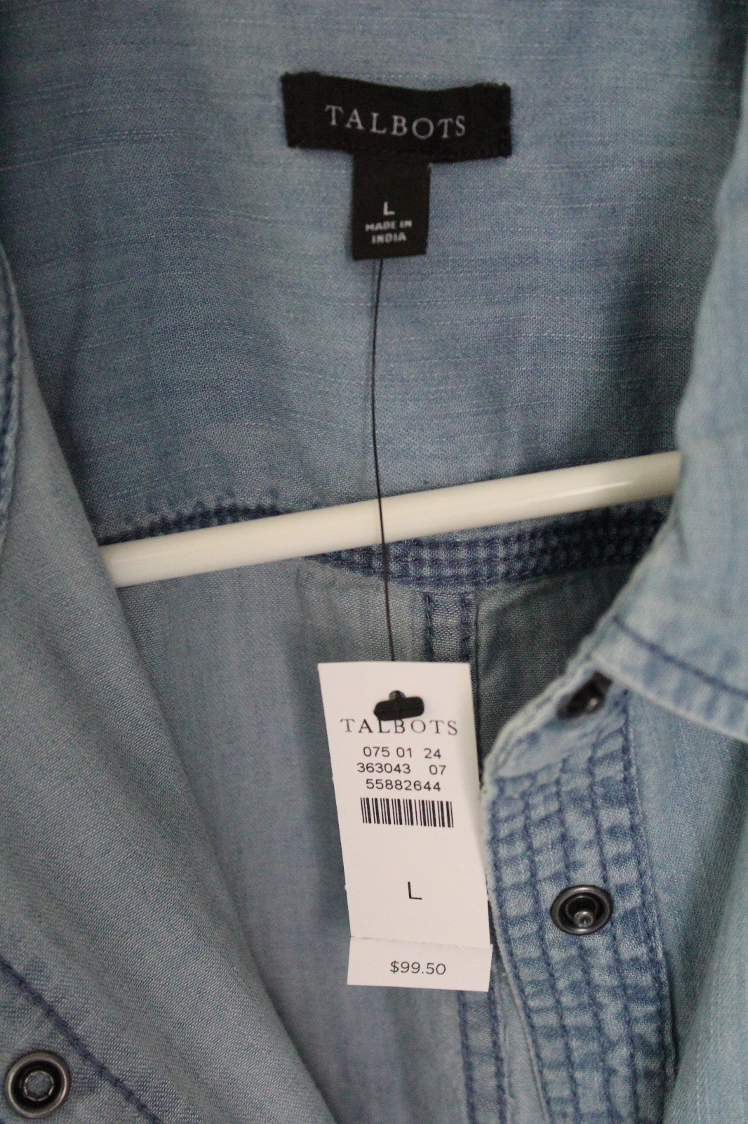 Talbots Large Chambray Snap Button Shirt Light Wash Denim 100% Cotton NWT