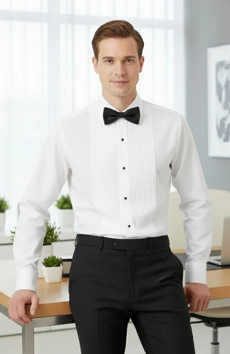 Men’s 100% Cotton Regular Collar 1/4″ Pleated French Cuff Tuxedo Shirt Reg Fit