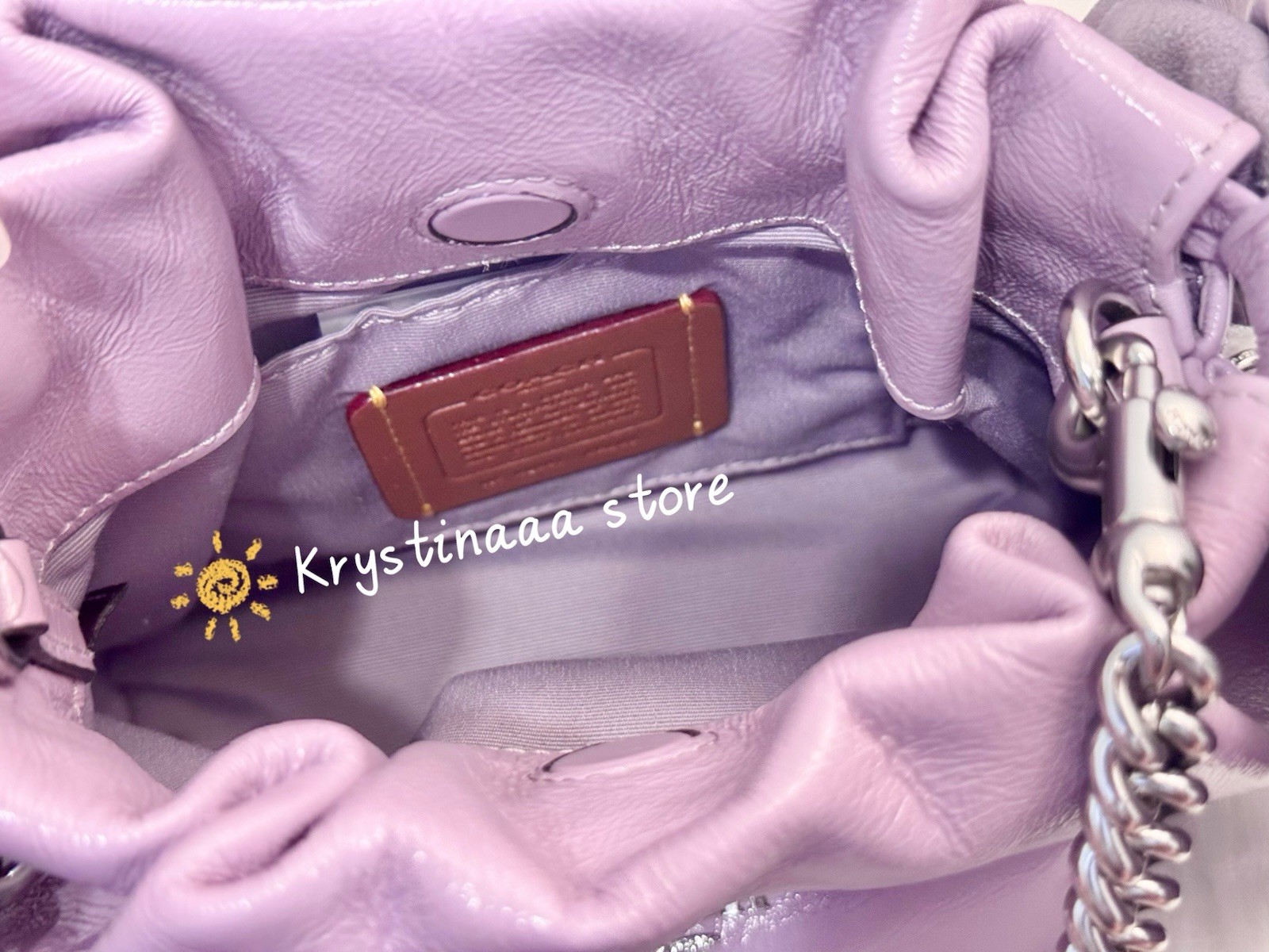 NWT Coach Faye Mini Drawstring Bag With Bows CEL03 in Light Amethyst Leather