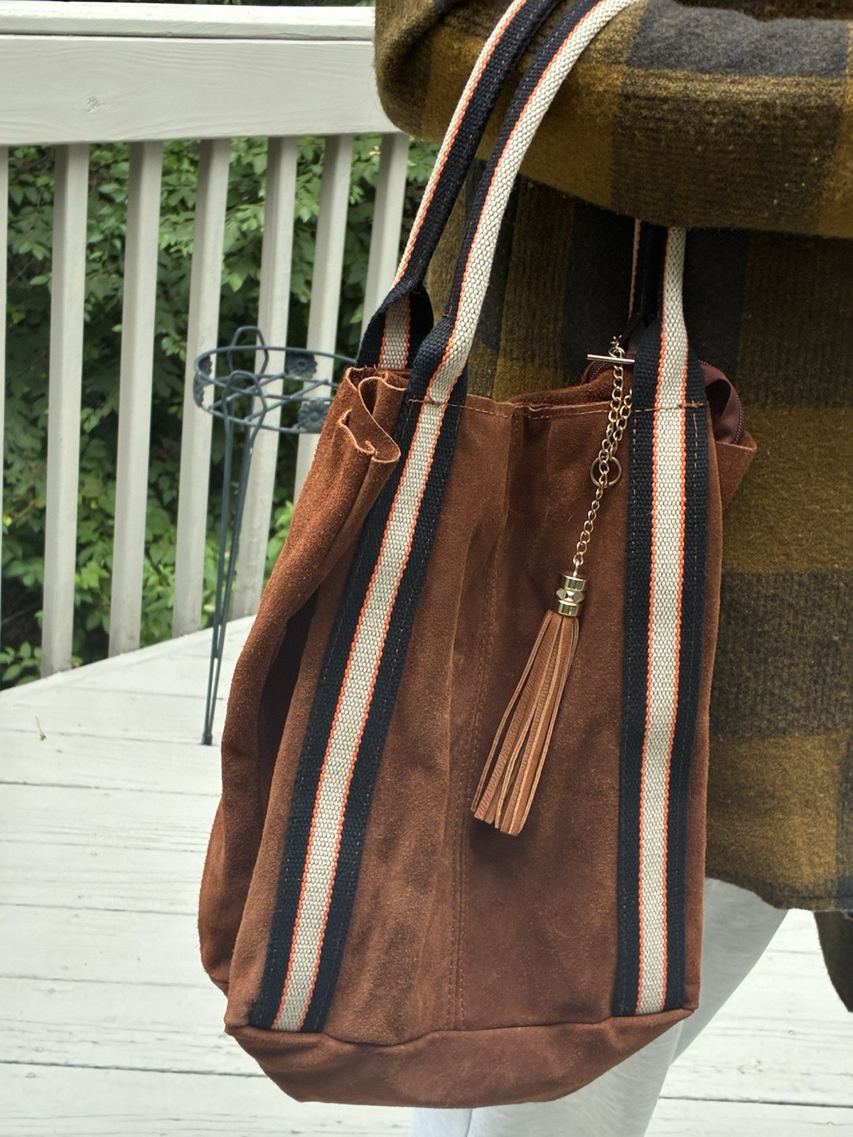 Brown Women’s Tote Bag Striped Multicolor Shoulder Strap Tassel Charm Zip Lined