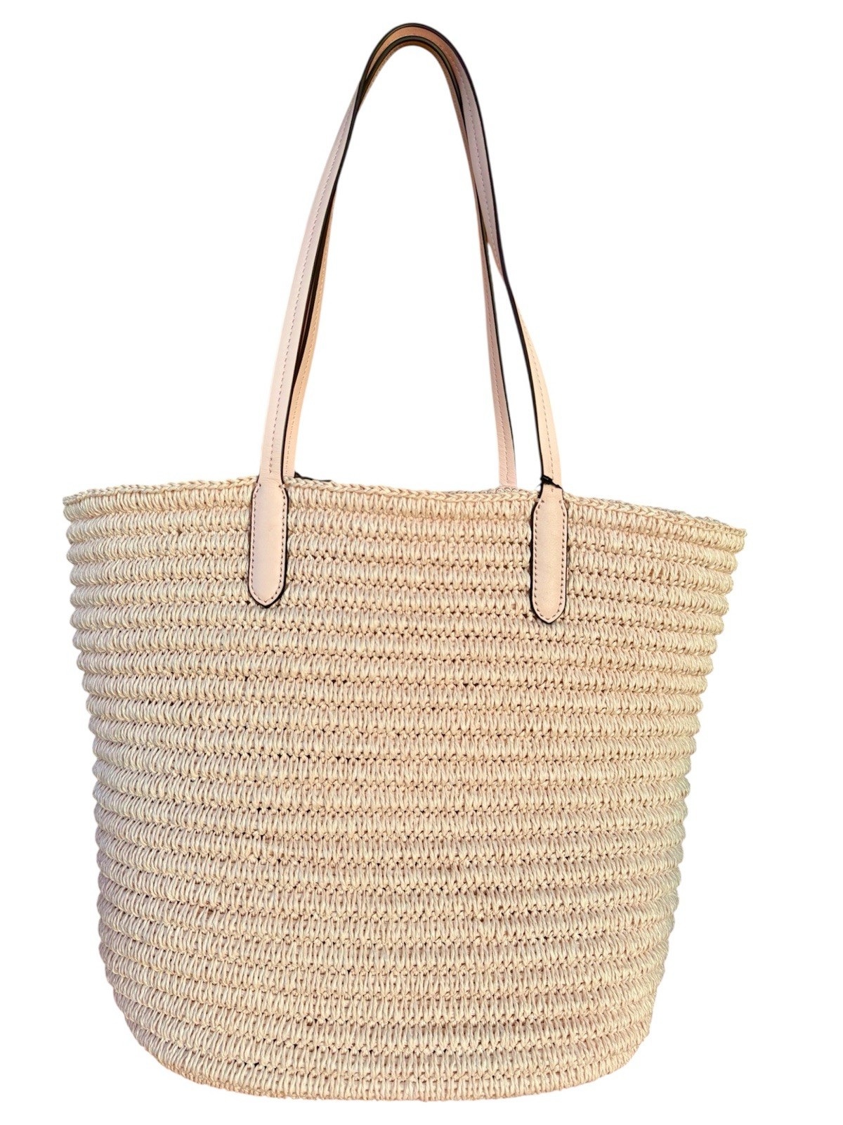 Lauren Ralph Lauren Pink Opal Leather Trim Straw Large Brie Tote Bag NWT $250