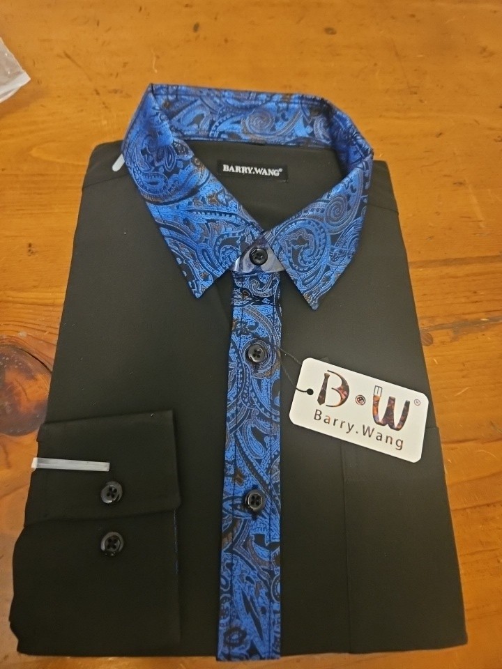 BARRY.WANG MENS LONG SLEEVE BUTTON UP SHIRT BLACK ROYAL BLUE TRIM SIZE SMALL