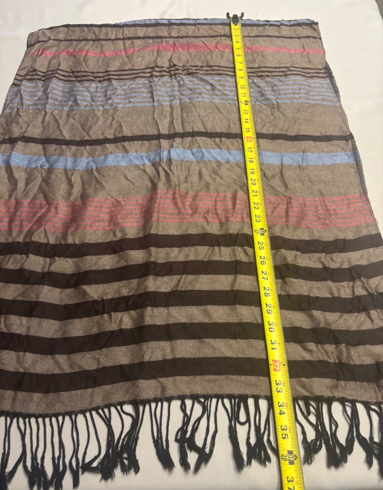 Women’s 100% Pashmina Shawl Wrap Scarf Brown Blue Pink Striped Tassel Sz 72×26”