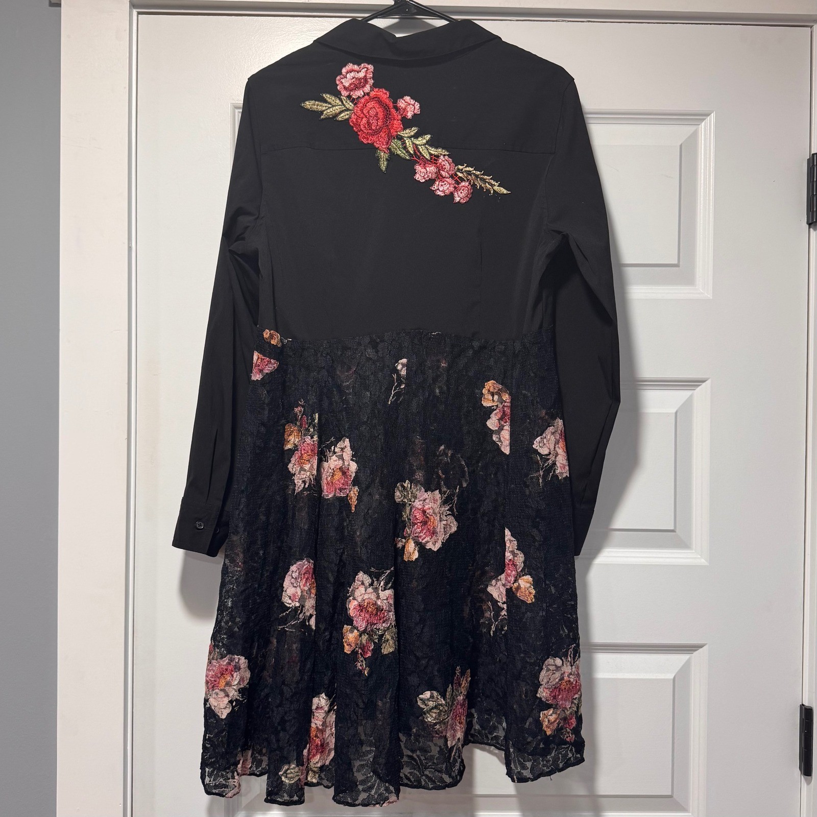 Upcycled Recycled Black Mixed Media Floral Lace Shirt Dress Tunic Embroidered