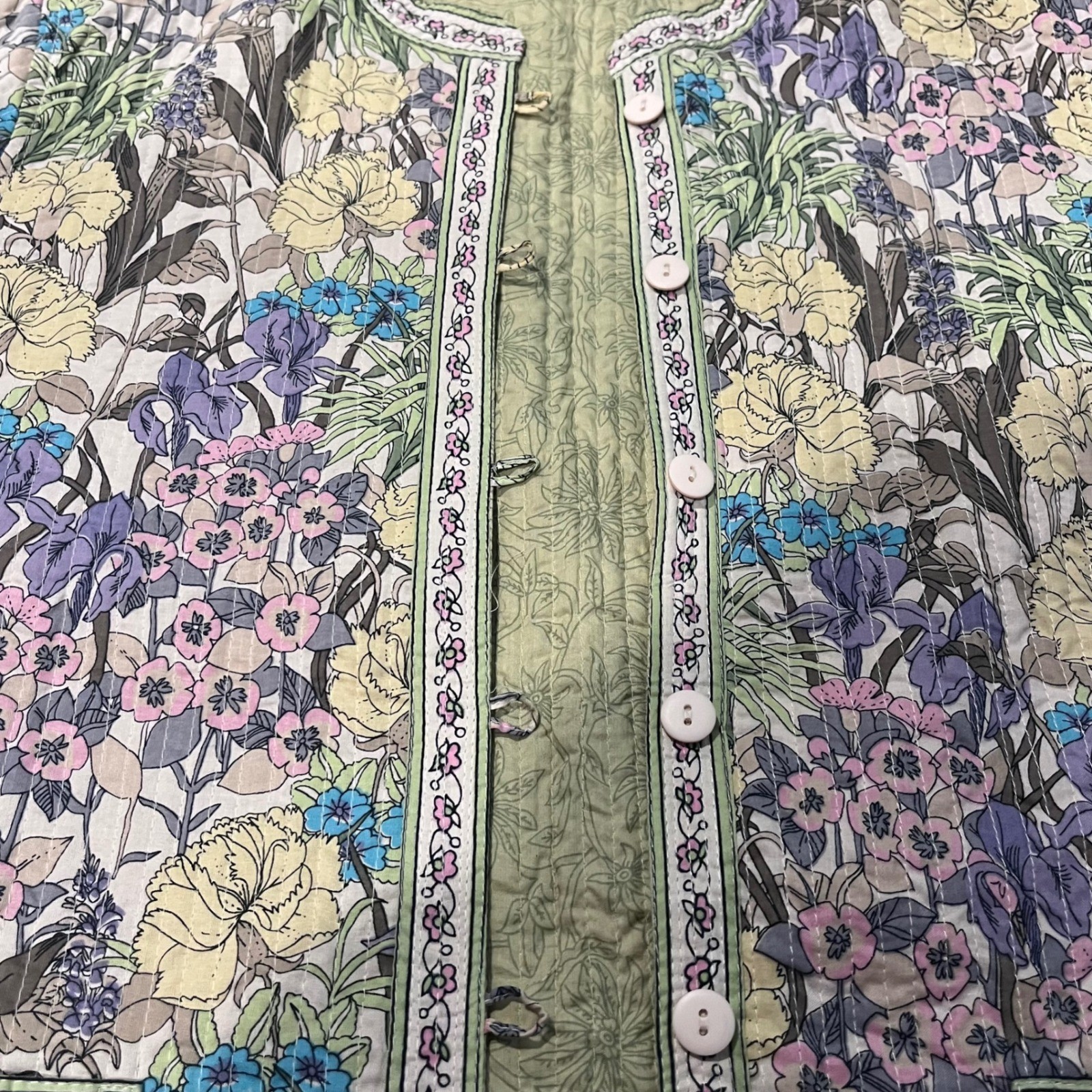 Reversible Quilted Floral Jacket Green Pink Blue Botanical Print Coat Whimsical
