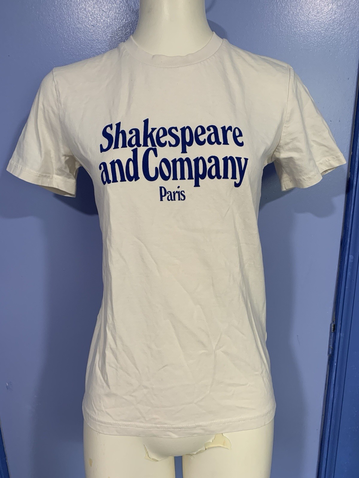 Shakespeare and Company Paris Tee Shirt, Women’s Size US XXS, EU XS, Beige/Blue