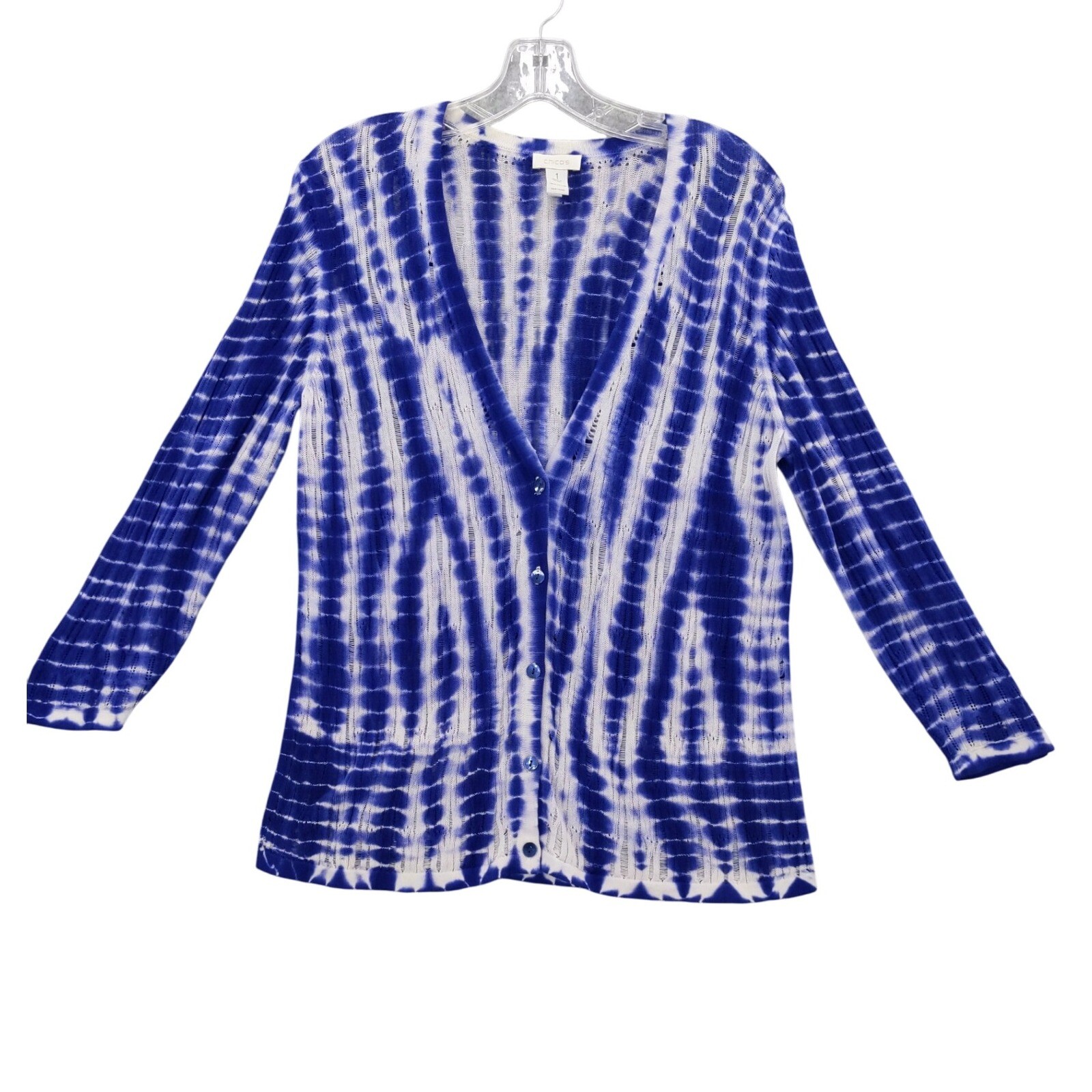 Chico’s Tie Dye Cardigan Open Knit Button Front Lightweight Blue White 1 M