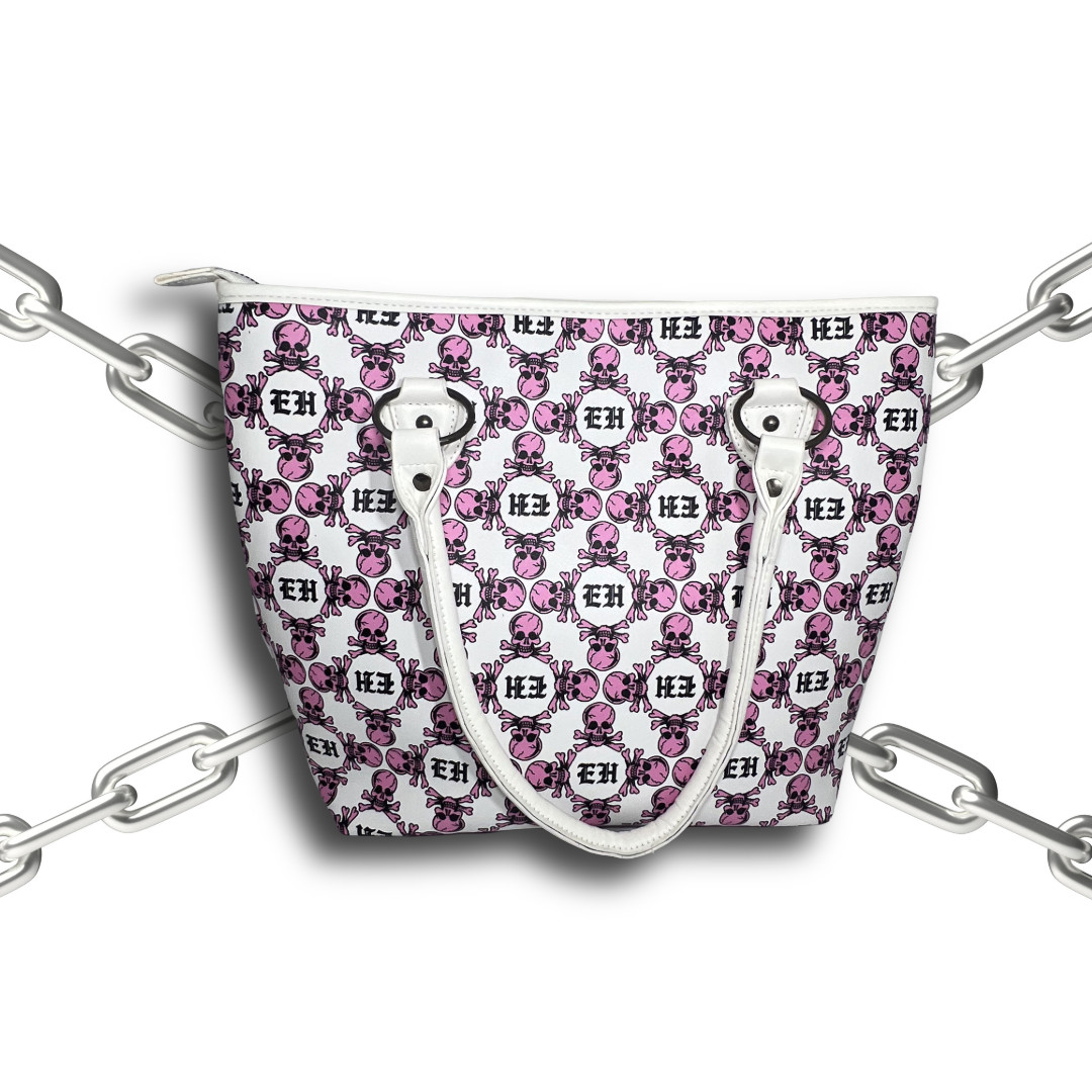 NWT Ed Hardy Pink and White Skull Rhinestone Love Kills Slowly Tote Bag Charm