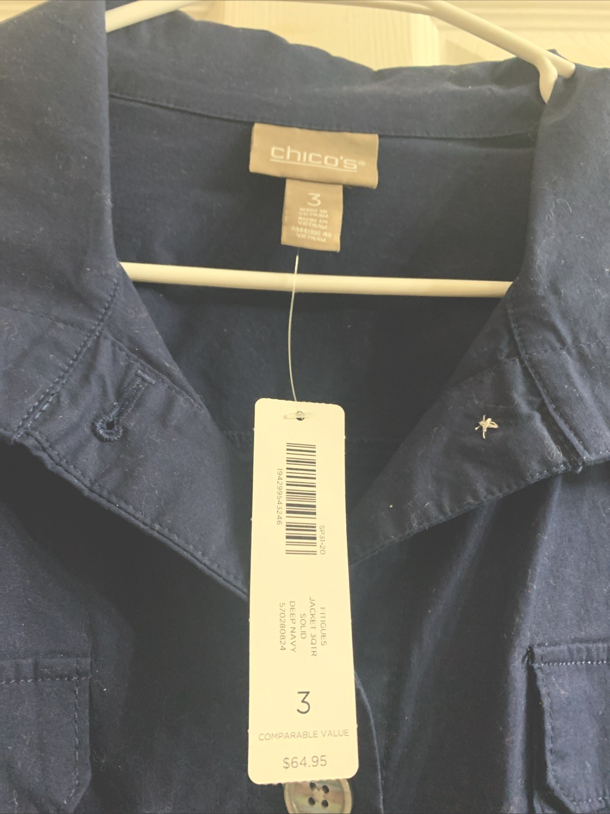 CHICO’S NWT JACKET 3QTR SOLID DEEP NAVY BUTTON FRONT W/POCKETS