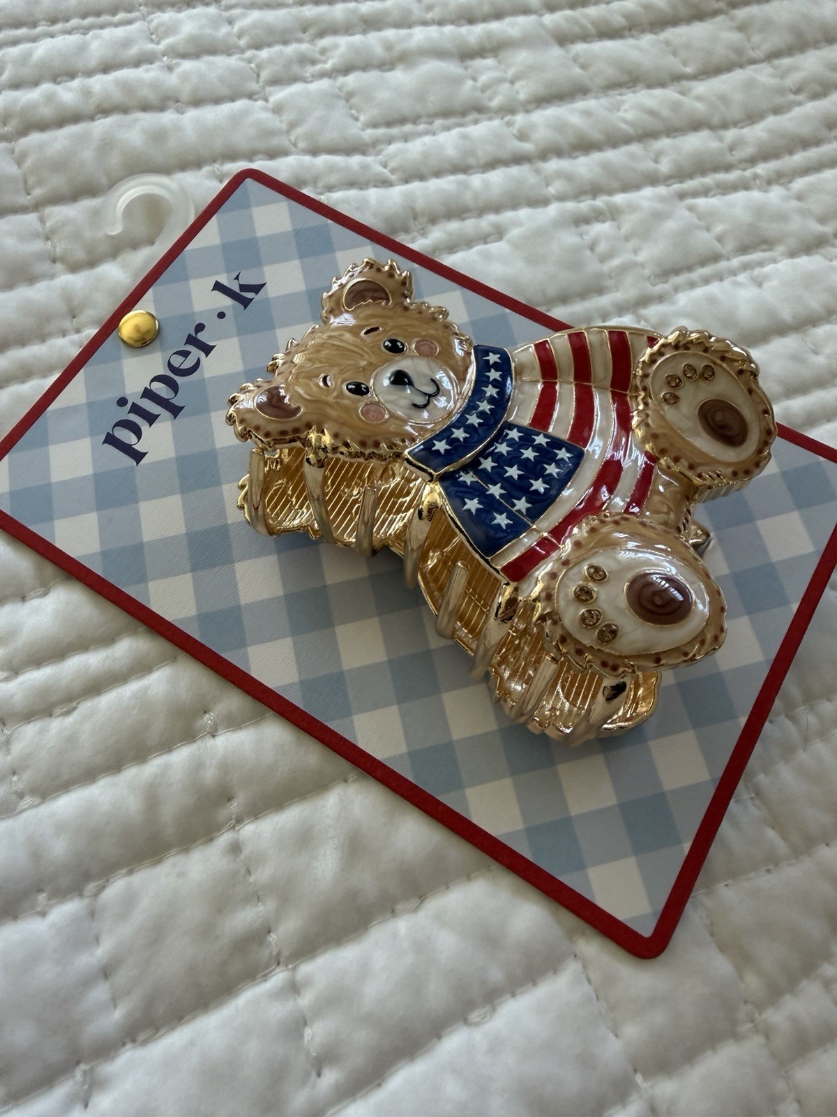 Piper•k Bear Hair Claw Clip Patriotic Flag Enamel Gold Tone Metal
