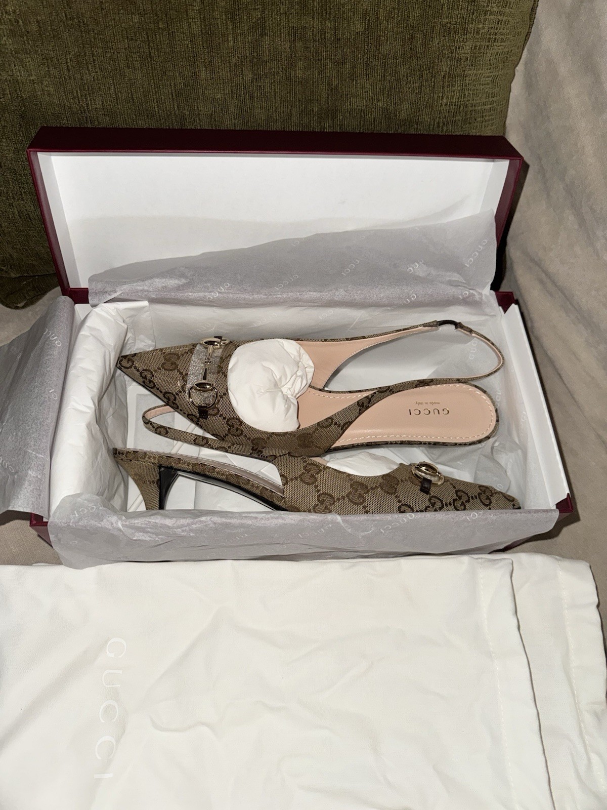 Gucci GG Monogram Horsebit Slingback Pointed Toe Leather Heels US 10.5