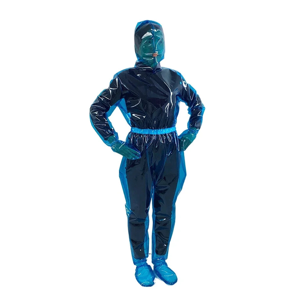 Plastic Full Body Suit Sexy See-through Clear PVC Long Sleeve Hooded Jumpsuit