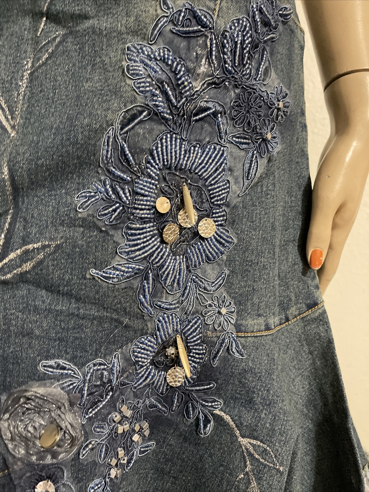 Blue Cotton Denim Beaded Embroidered Ruffles Boho Zip Size XL(10-12) Skirt 3361