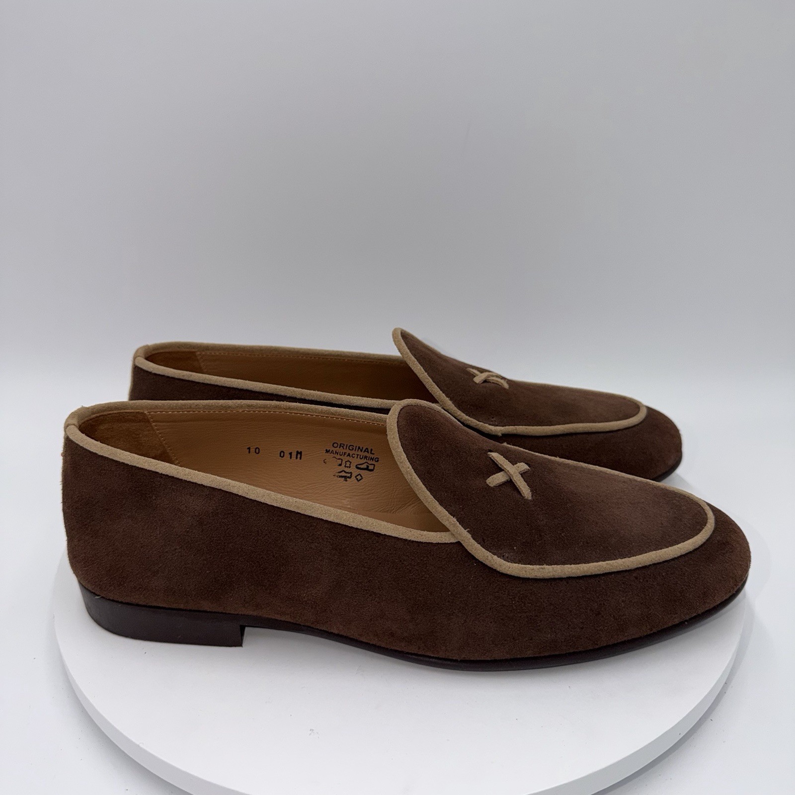 Del Toro Belgian loafers Brown Suede Mens Dress Shoes Almond Toe Leather Size 10
