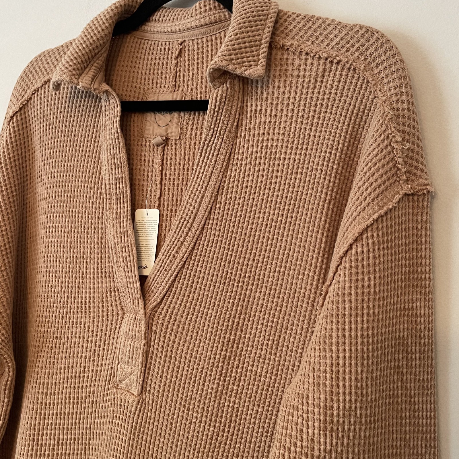 NWT Aerie Waffle Knit Collared Pullover Tan Sz S Oversized Slouchy Travel Lounge