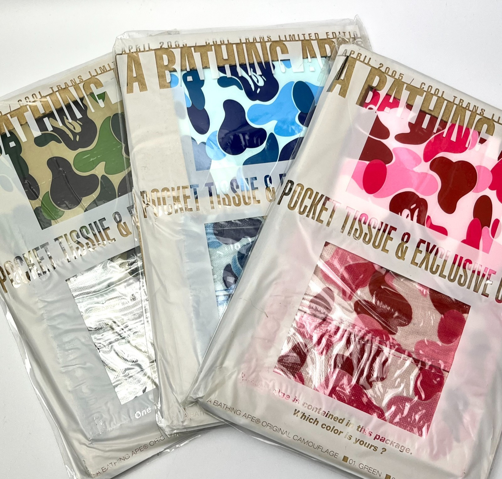 BAPE Camo Pocket Tissue Case Set of 3 Blue Green Pink COOL TRANS 2005 Japan NEW