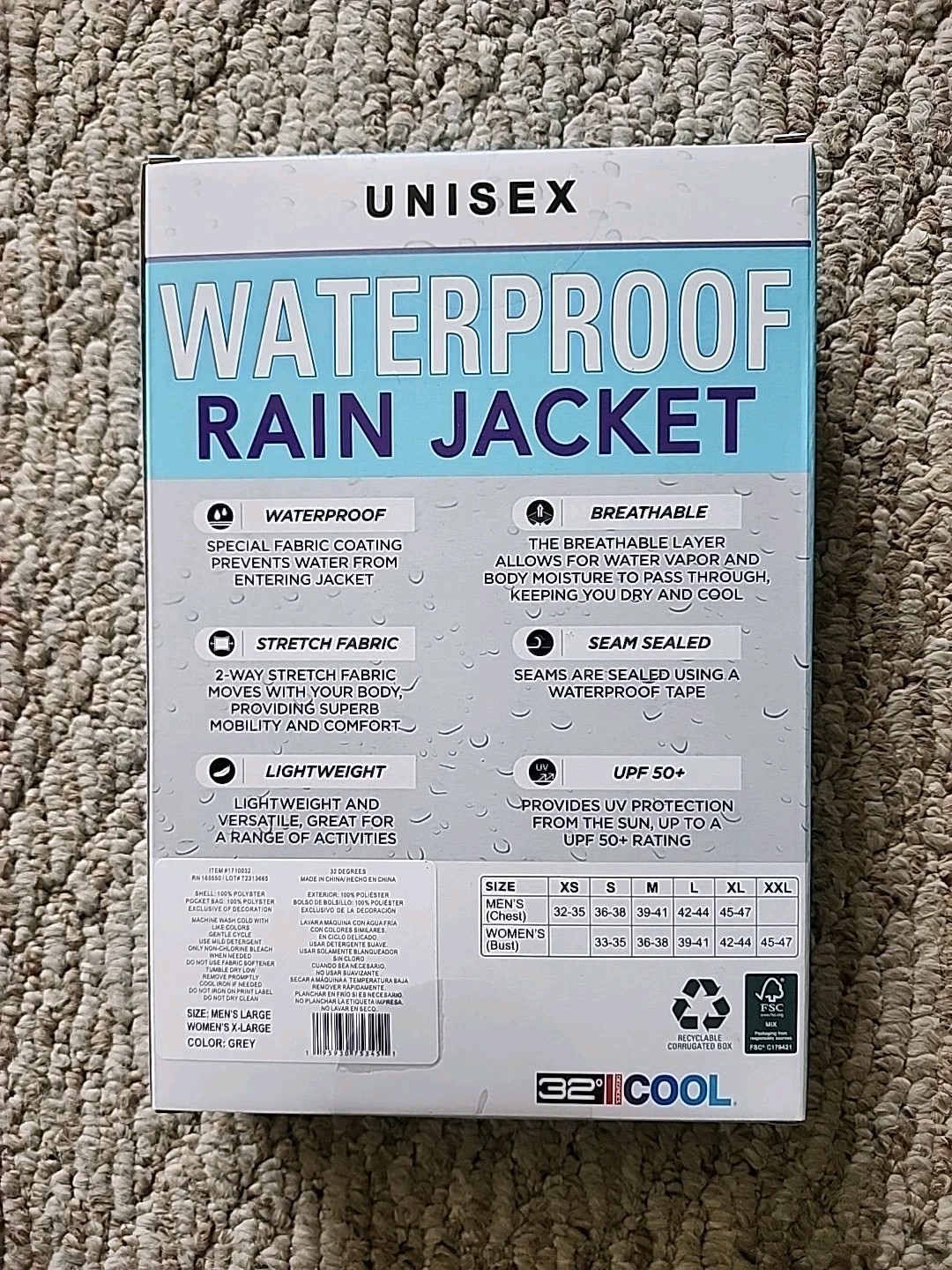 32 Degrees Cool Rain Jacket Unisex Adult Mens(L) Womens(XL) Gray Hooded