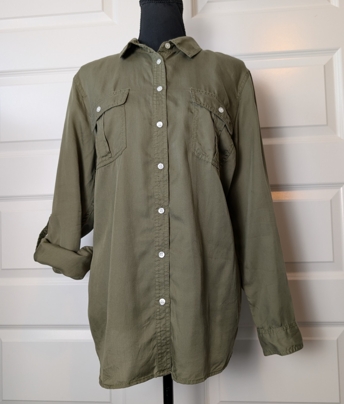 NWOT Talbots Size XL Petite Utility Blouse Roll Tab Sleeves Lyocell Safari