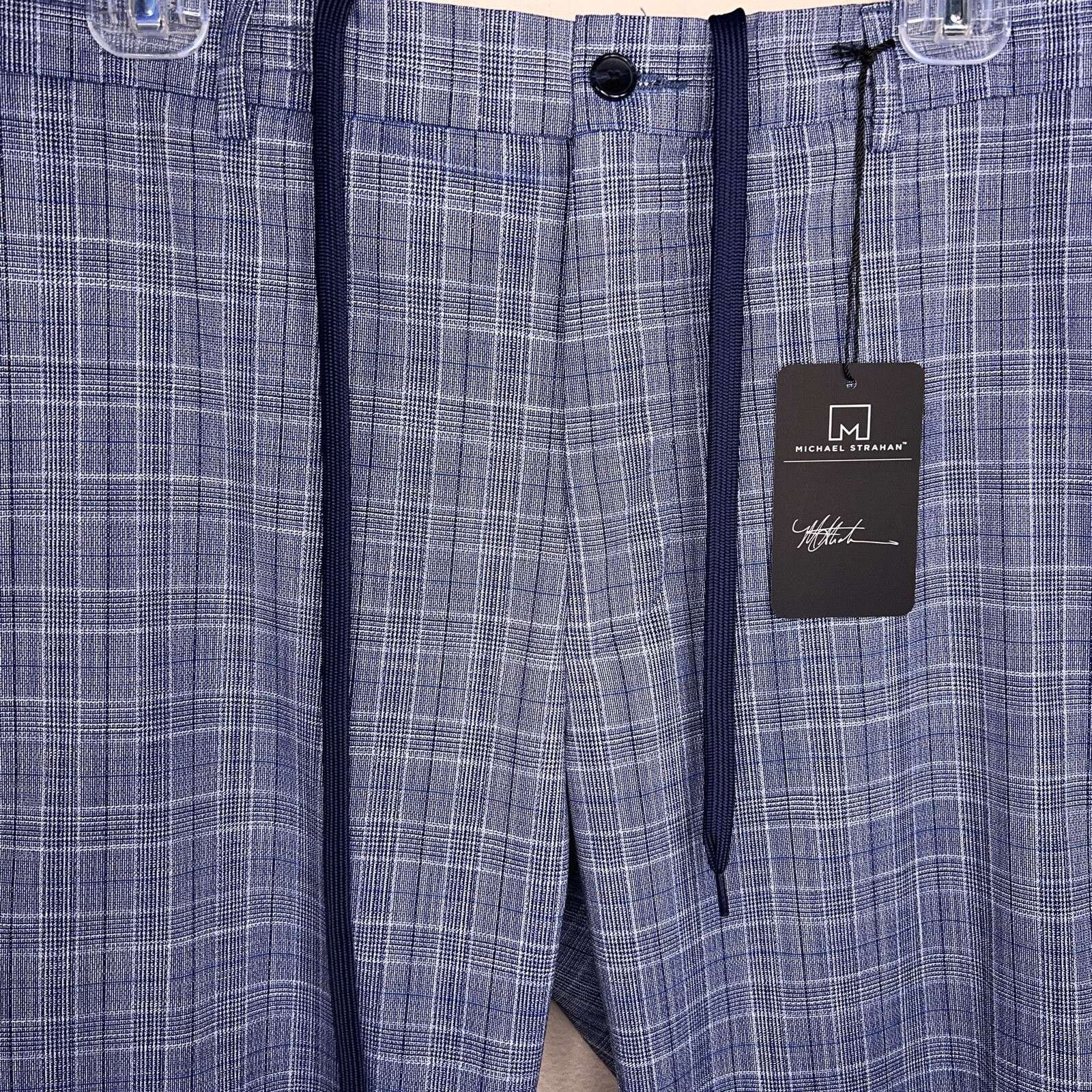 NEW 32×32 MICHAEL STRAHAN PANTS BLUE PLAID GOLF CASUAL DRAWSTRING