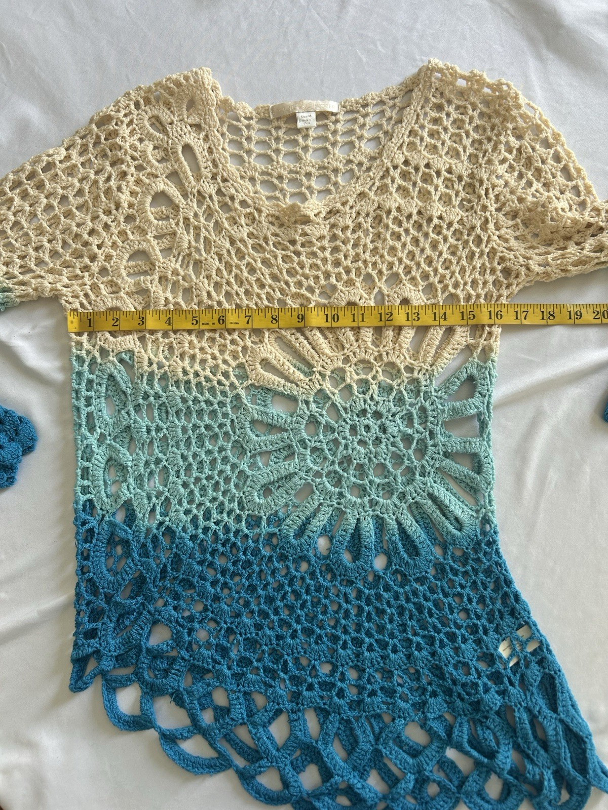 Boston Proper Ombre Crochet Boho Open Knit Sweater Womens Size Med Blue Beach