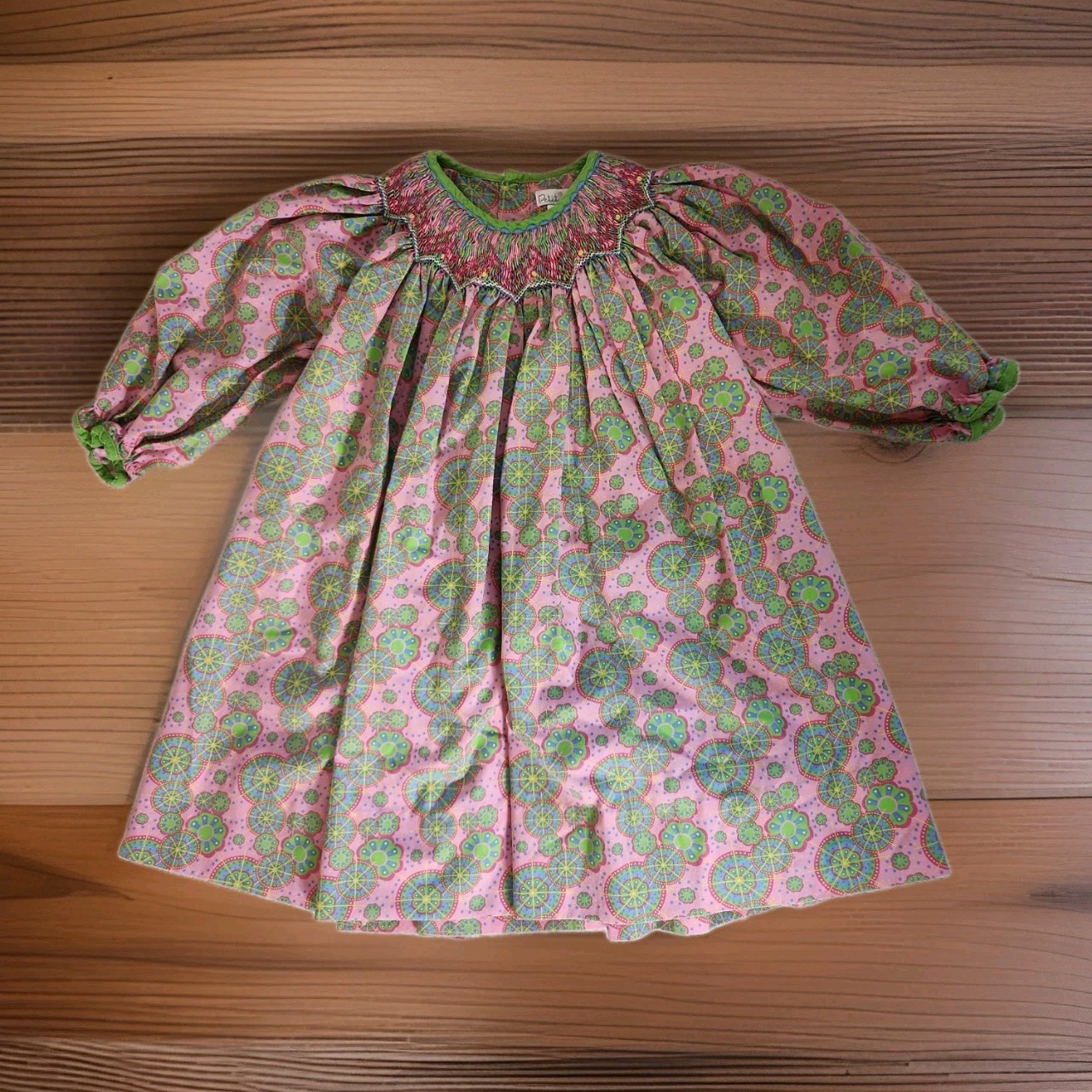 Petit Ami Smocked Green/Pink Multicolor Long Sleeve Dress 2t
