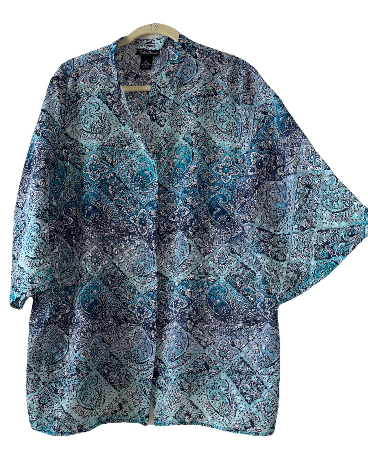 Maggie Barnes Button Down Blouse 1X Shades Of Blue 3/4 Sleeve, Semi-sheer