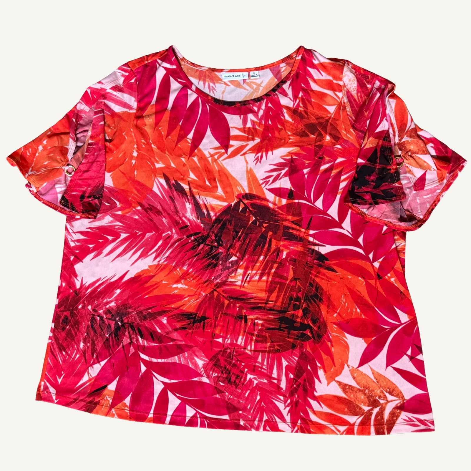 SUSAN GRAVER 2X Tropical Floral Tunic Top Liquid Knit Pink Orange Plus Size