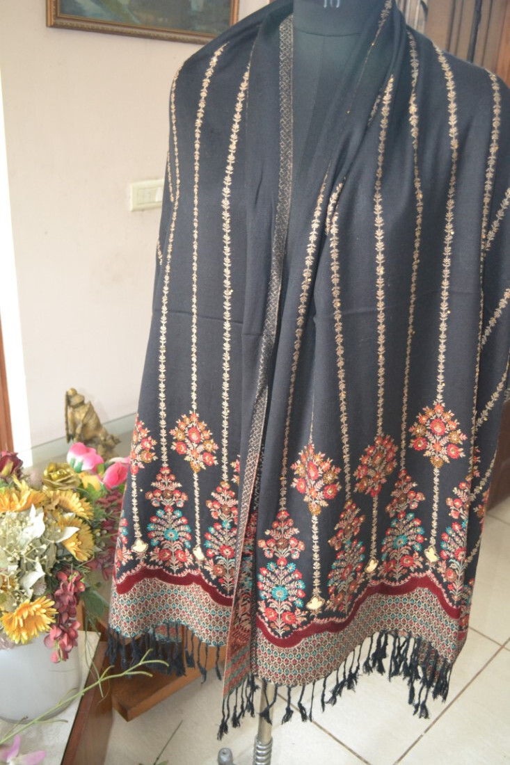 PARTY STOLE SEQUINED EMBROIDERED BEADED JAMAVAR SHAWL~ SILK PASHMINA~16 DESIGN