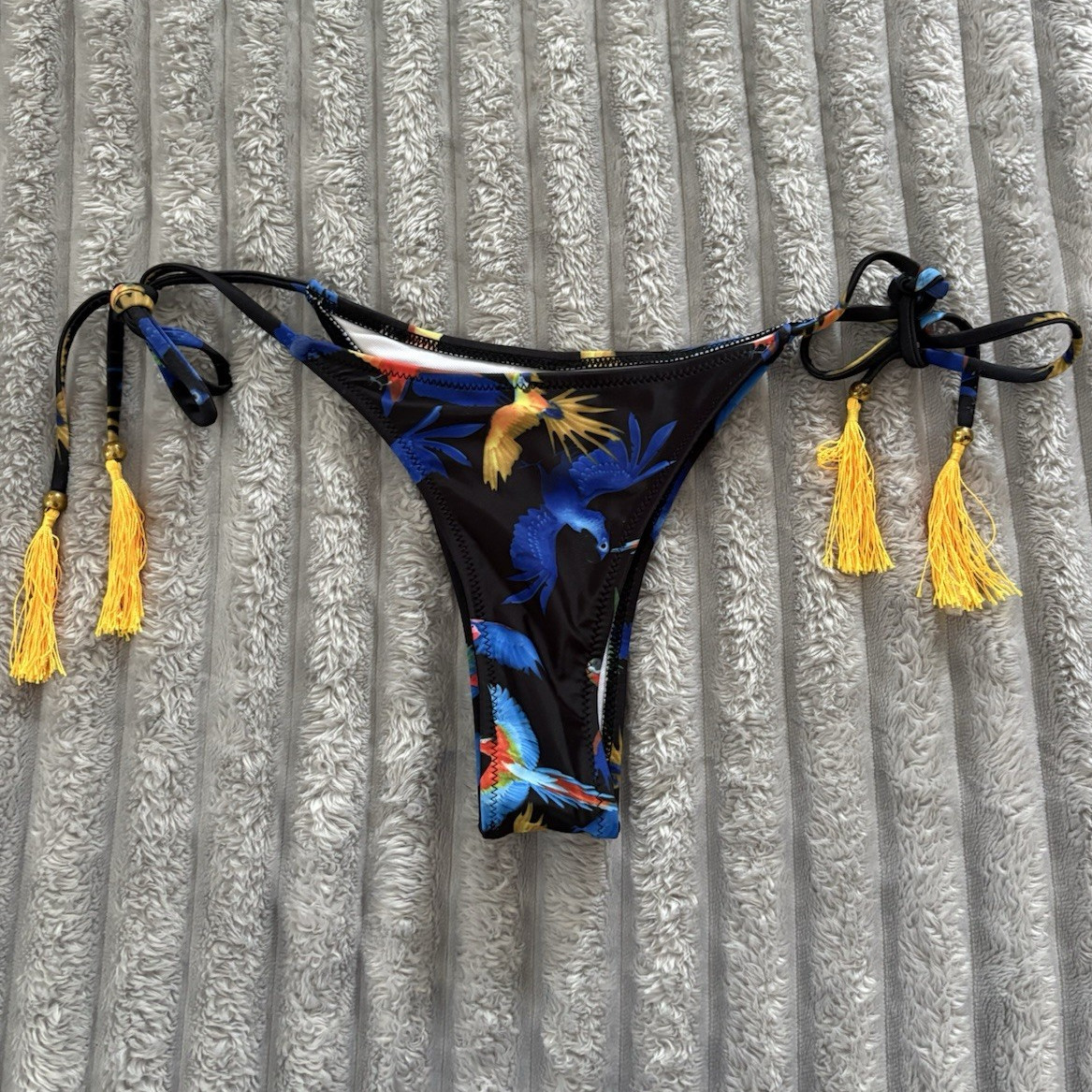 SHEIN Women’s S Bikini Bottom Black Multicolor Bird Print Tie Side Tassels