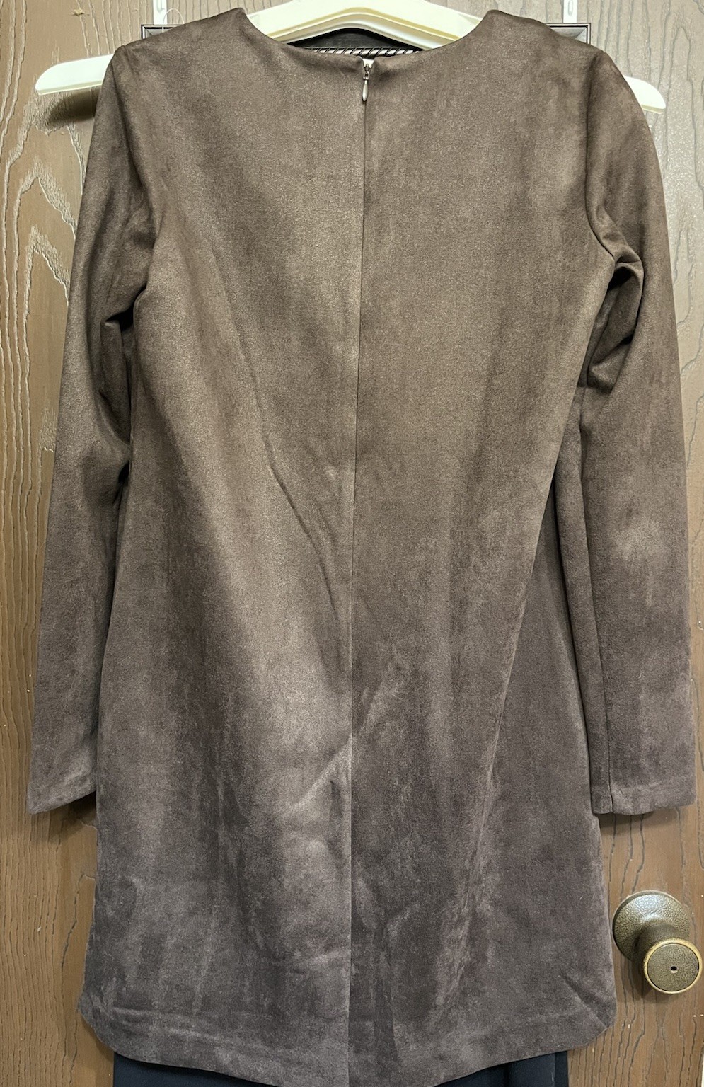 Adrianna Papell Brown Solid Microsuede Shift Dress Long Sleeve Zip Size 2