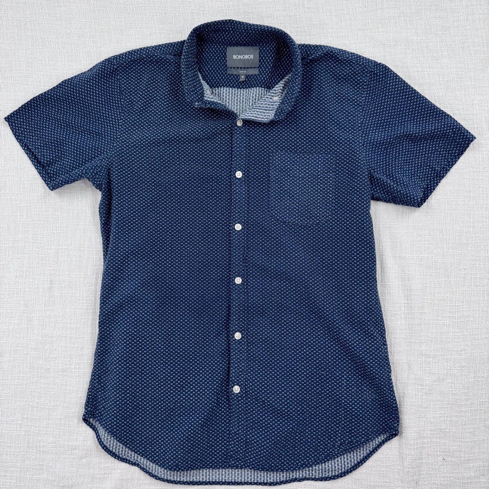 Bonobos Slim Fit Mens Medium Navy Blue Geometric Micro Print Short Sleeve Shirt