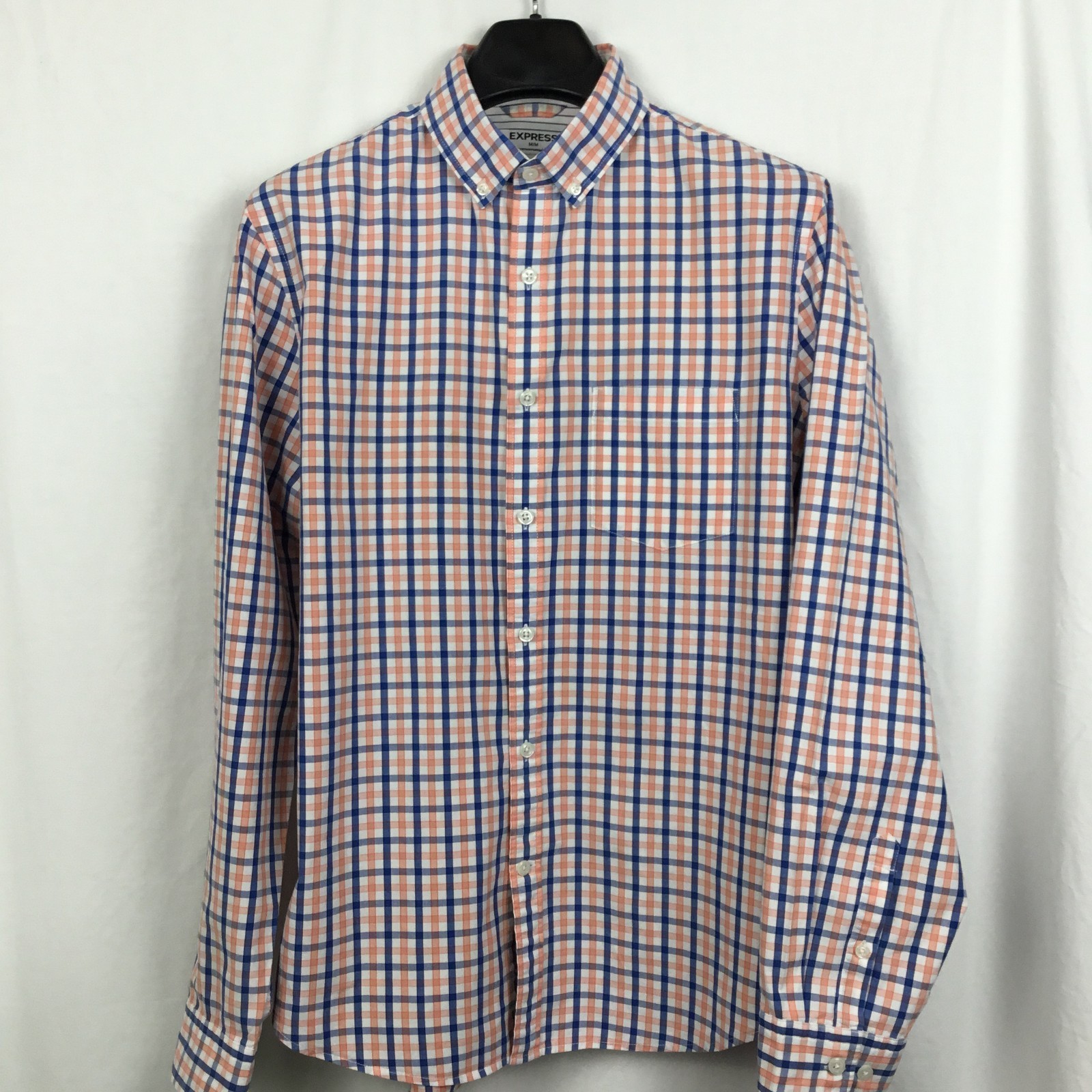 Express Mens Soft Wash Shirt M Blue Peach Tattersall Preppy Classic City Utility