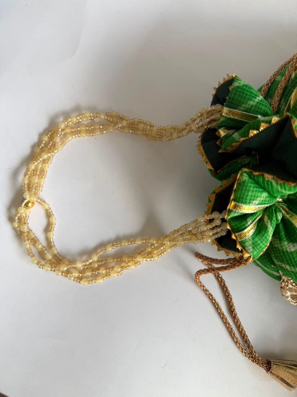 Indian Green Leheriya Gotta Handwork Flower with Pearl Lace and Handle Potli Bag